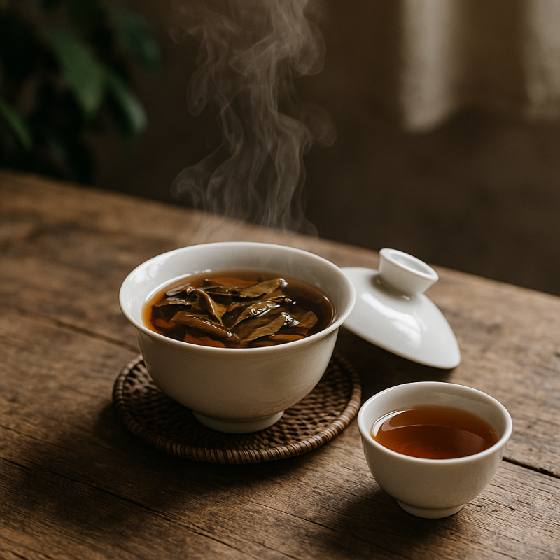 A gaiwan brewing setup with steaming exotic tea on a wooden table, featuring a ceramic teapot and cups in soft natural light.