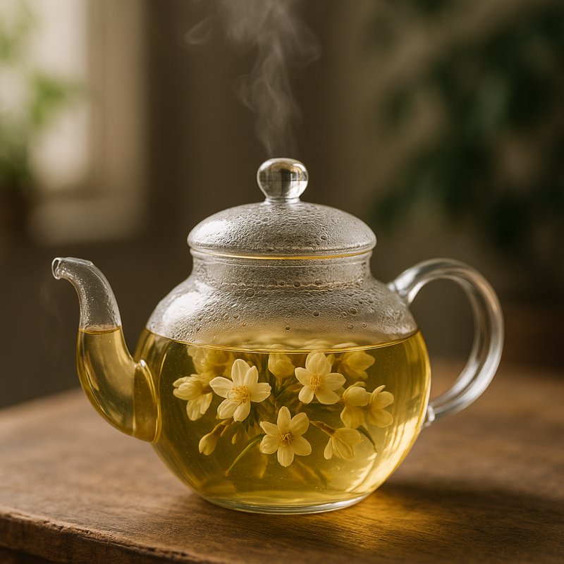 A steaming glass teapot filled with jasmine flower tea sits on a wooden surface with soft natural lighting.