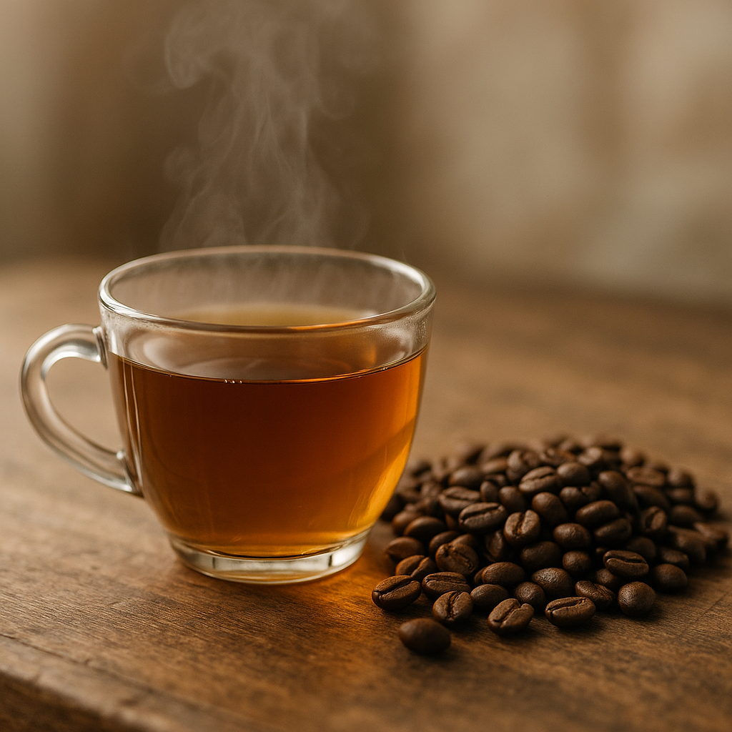 A steaming cup of oolong tea sits beside a pile of dark roasted coffee beans on a wooden table.