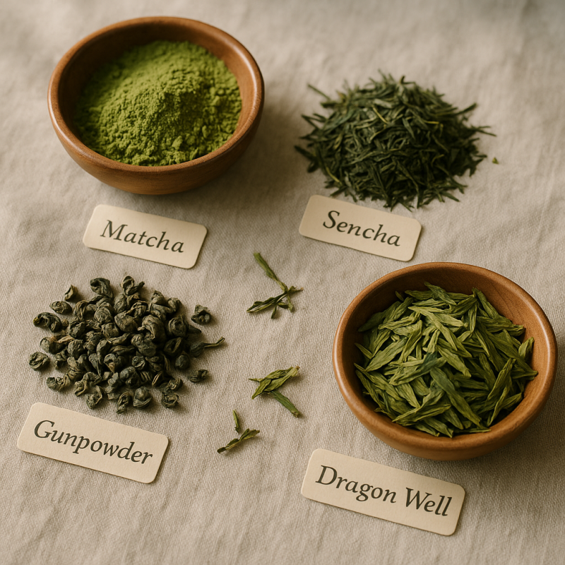 A flat lay arrangement of various green tea varieties with descriptive labels on a wooden surface.