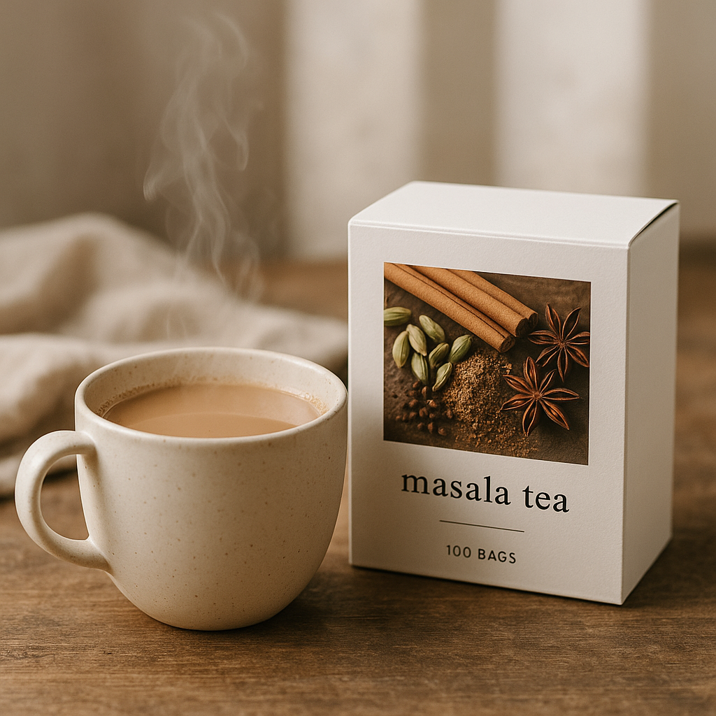 A steaming cup of chai sits beside a box of masala tea bags on a wooden table.