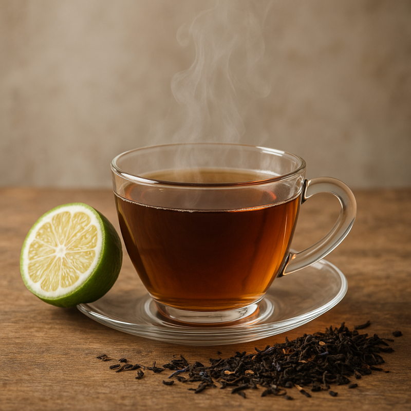 A steaming cup of Earl Grey tea with bergamot orange and loose leaves on a wooden table in soft natural light.