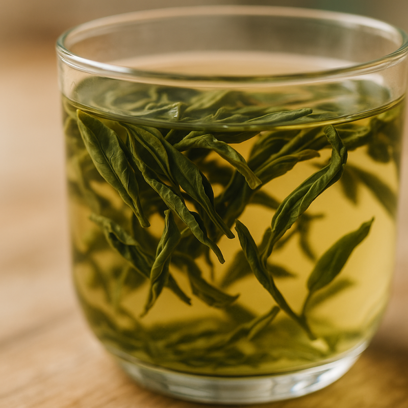 Close-up of loose leaf green tea leaves unfurling in hot water with soft natural lighting.