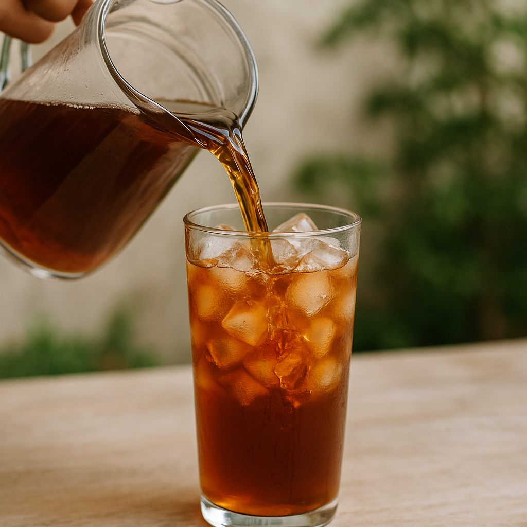A person pouring sweet tea from a glass pitcher into a tall glass filled with ice cubes.