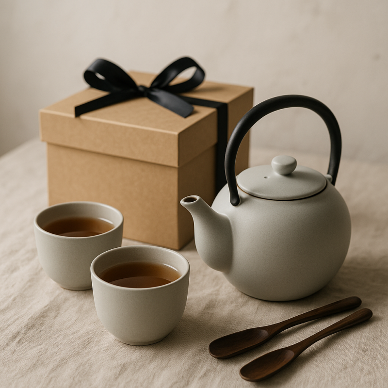 An elegant minimalist tea gift set with modern teaware arranged on a wooden surface in soft natural lighting.