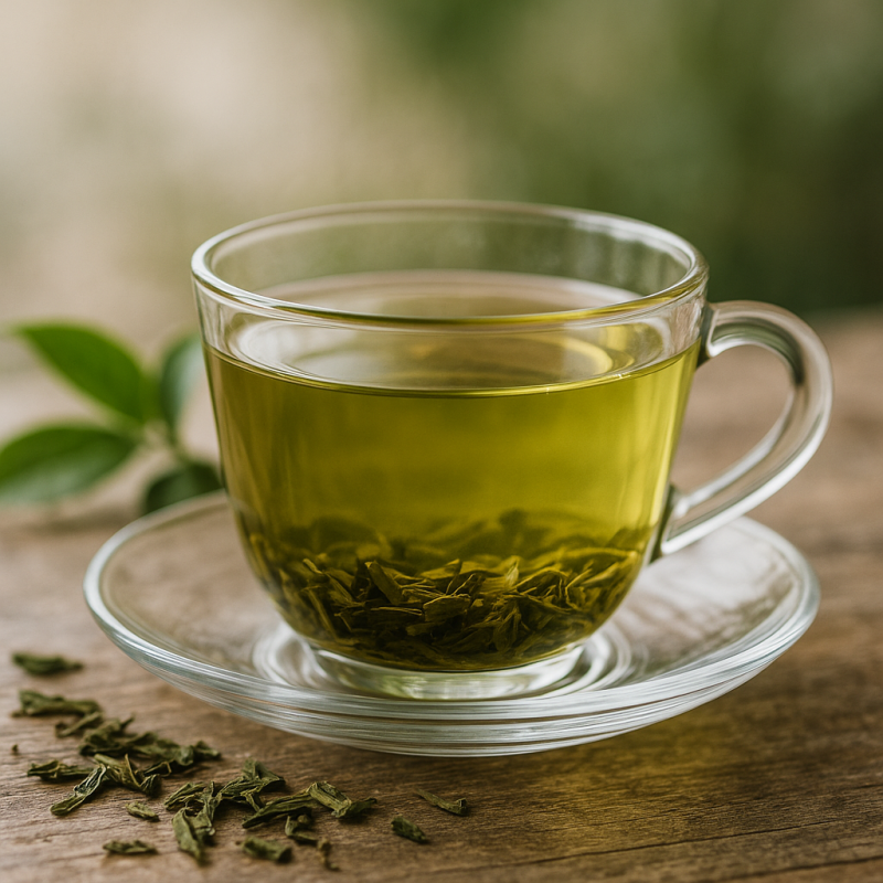 A close-up of freshly brewed green tea in a clear glass cup, with soft natural lighting and a blurred background.