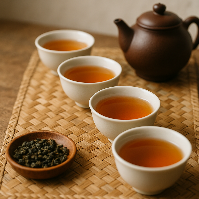 A selection of oolong tea varieties being tasted in traditional ceramic teacups on a wooden table.