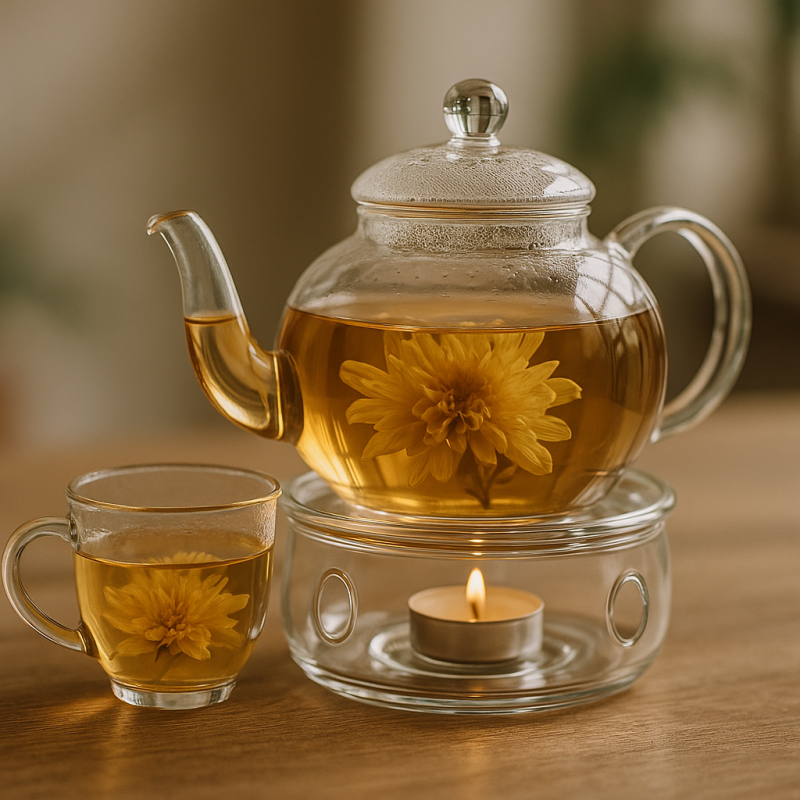 Close-up of a borosilicate glass flower tea set with a tea warmer on a wooden table in soft natural light.