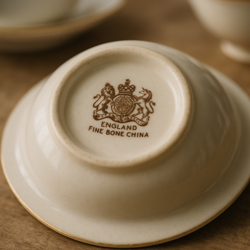 Close-up photograph of maker's marks on the bottom of a vintage English fine china tea set with soft natural lighting.
