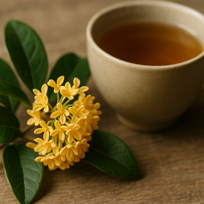 Close-up of golden osmanthus flowers beside a warm cup of tea on a wooden table, evoking a cozy atmosphere.