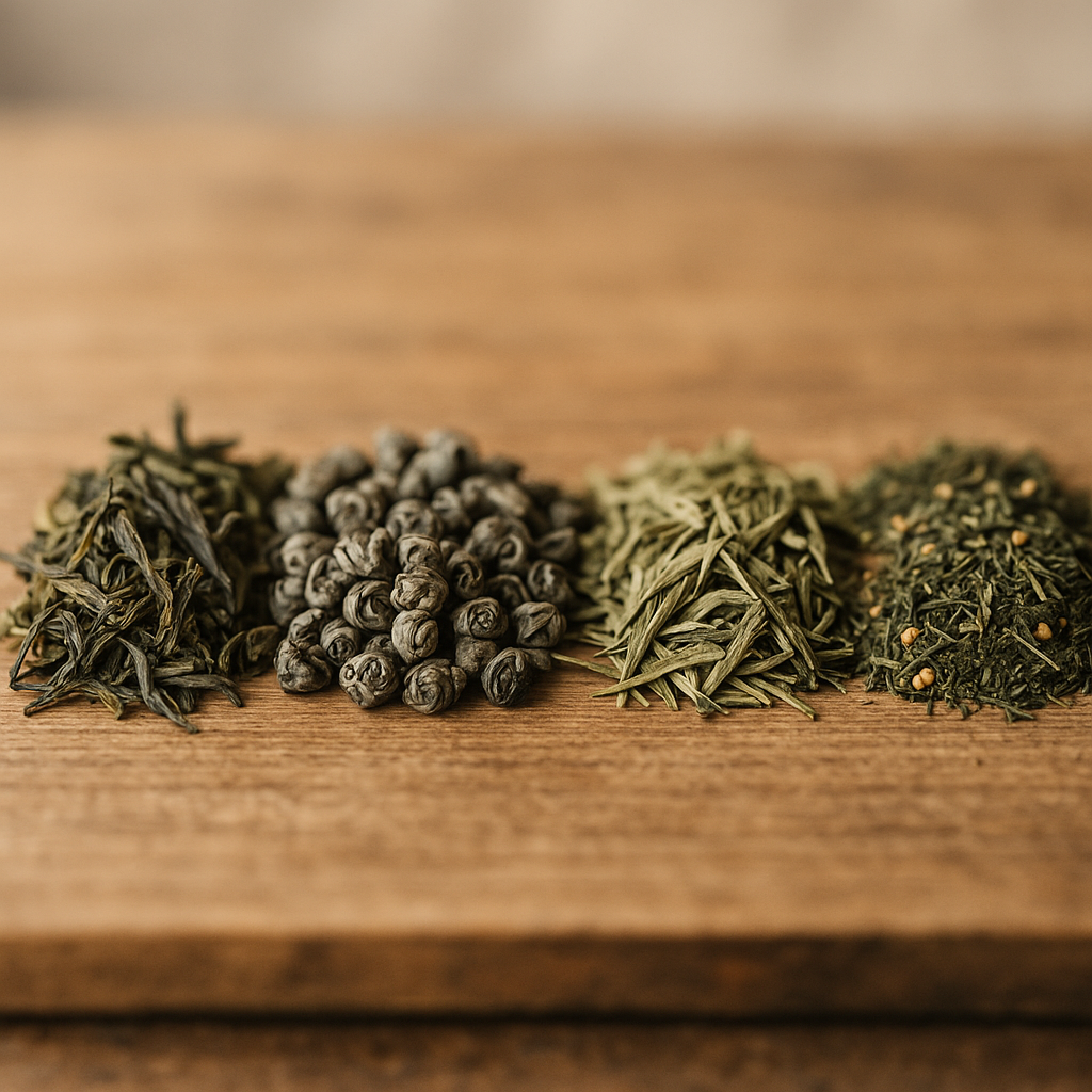 Side-by-side comparison of loose leaf green tea varieties in a natural setting with soft lighting.