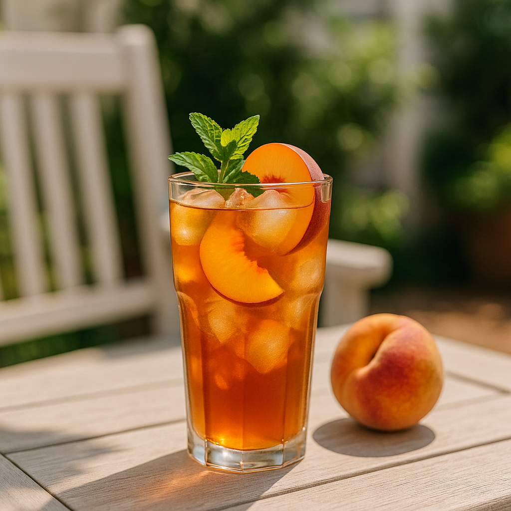 A glass of peach iced tea sits on a wooden patio table during summer, with blurred greenery in the background.
