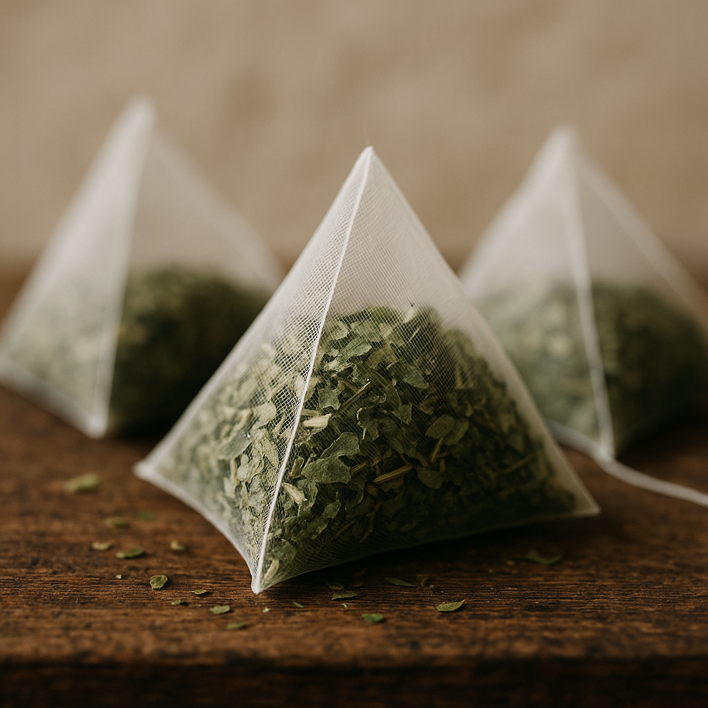 Close-up of pyramid-shaped mate tea bags revealing green leaf cuts against a softly blurred background.