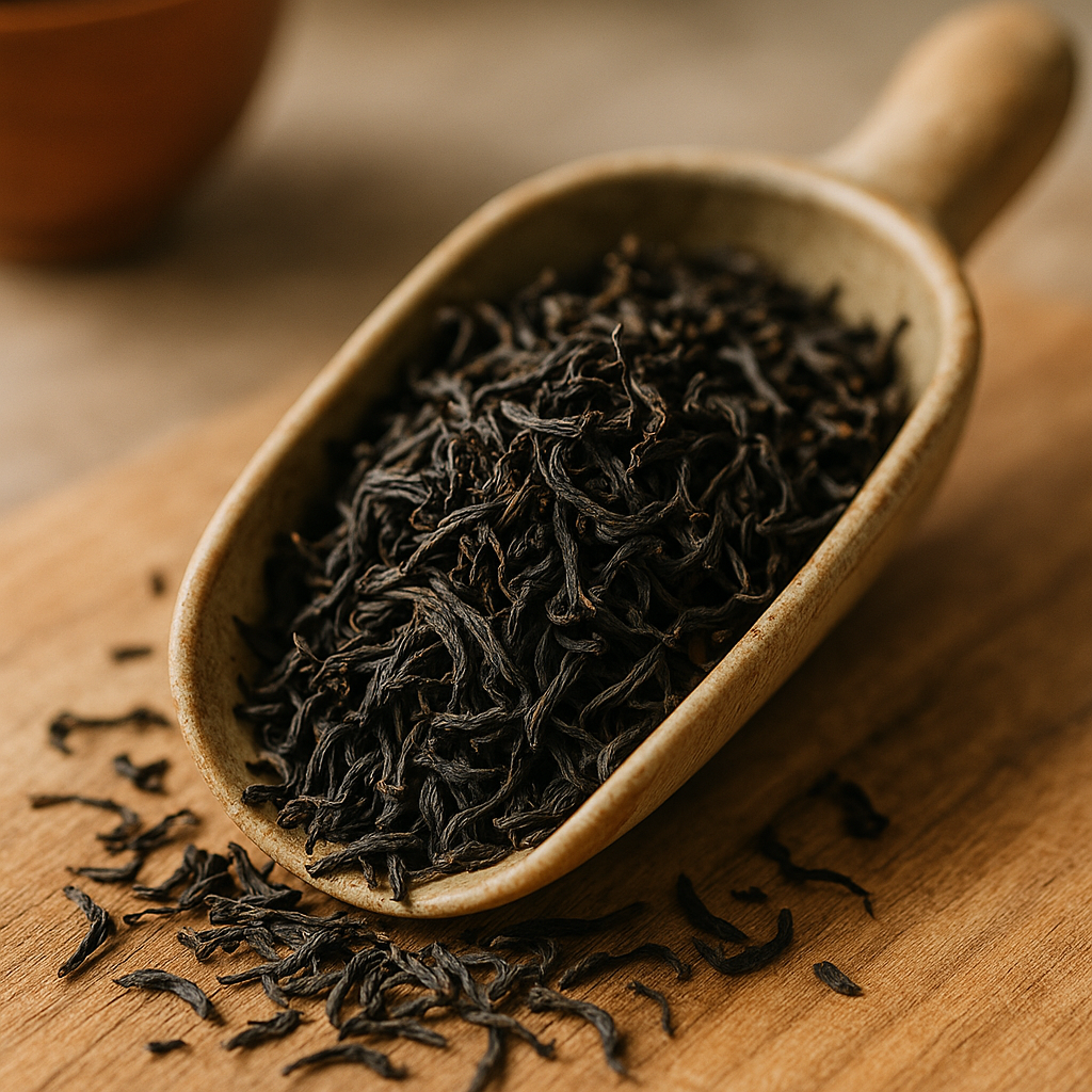 A ceramic scoop holds whole leaf loose leaf black tea with visible curled leaves against a softly blurred background.