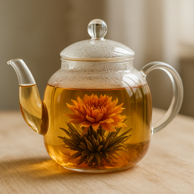 A clear glass teapot steeping vibrant blooming flower tea with soft natural lighting.