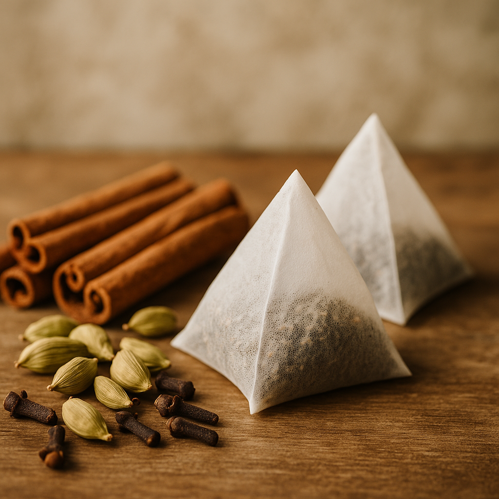 Aromatic chai tea bags are placed next to whole cinnamon sticks and cardamom pods on a wooden surface.