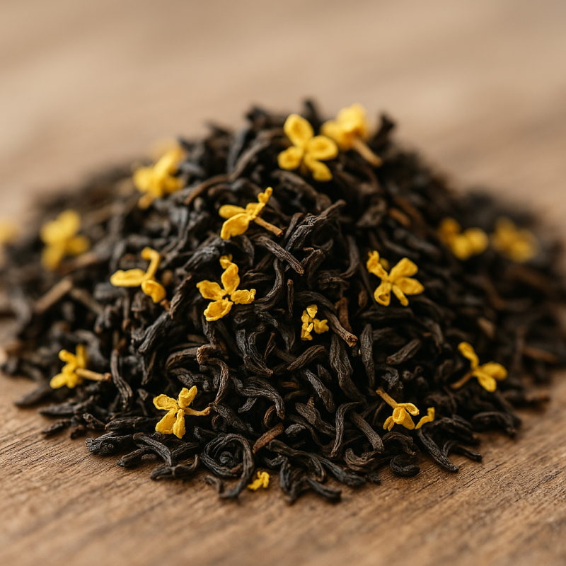 Macro shot of dry loose tea leaves mixed with osmanthus blossoms in a soft, natural light setting.
