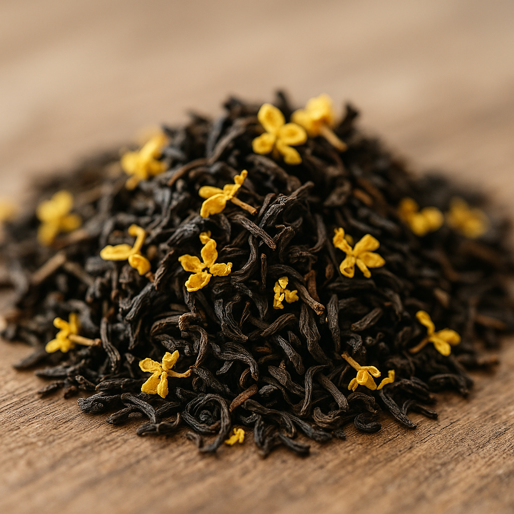 Macro shot of dry loose tea leaves mixed with osmanthus blossoms in a soft, natural light setting.