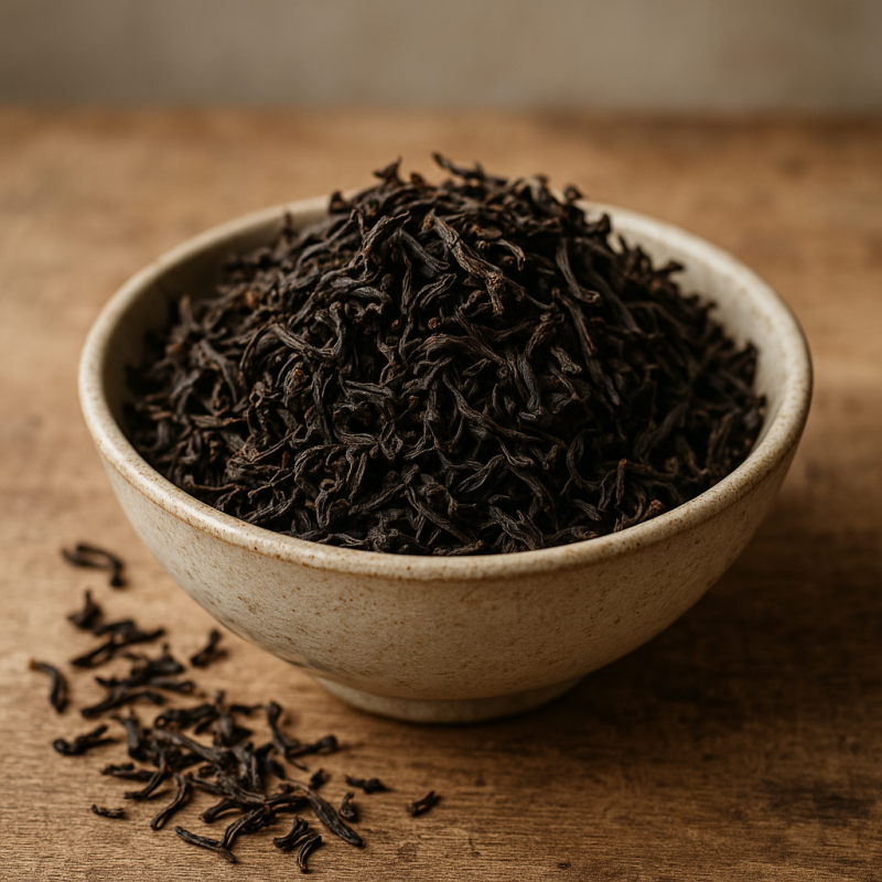Premium loose black tea leaves in a ceramic bowl with soft lighting and a blurred background.