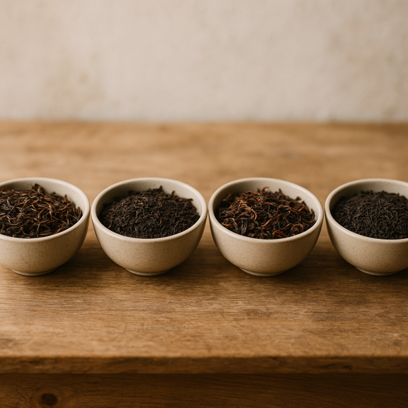 A side-by-side comparison of different black tea varieties arranged on a wooden surface with soft natural lighting.
