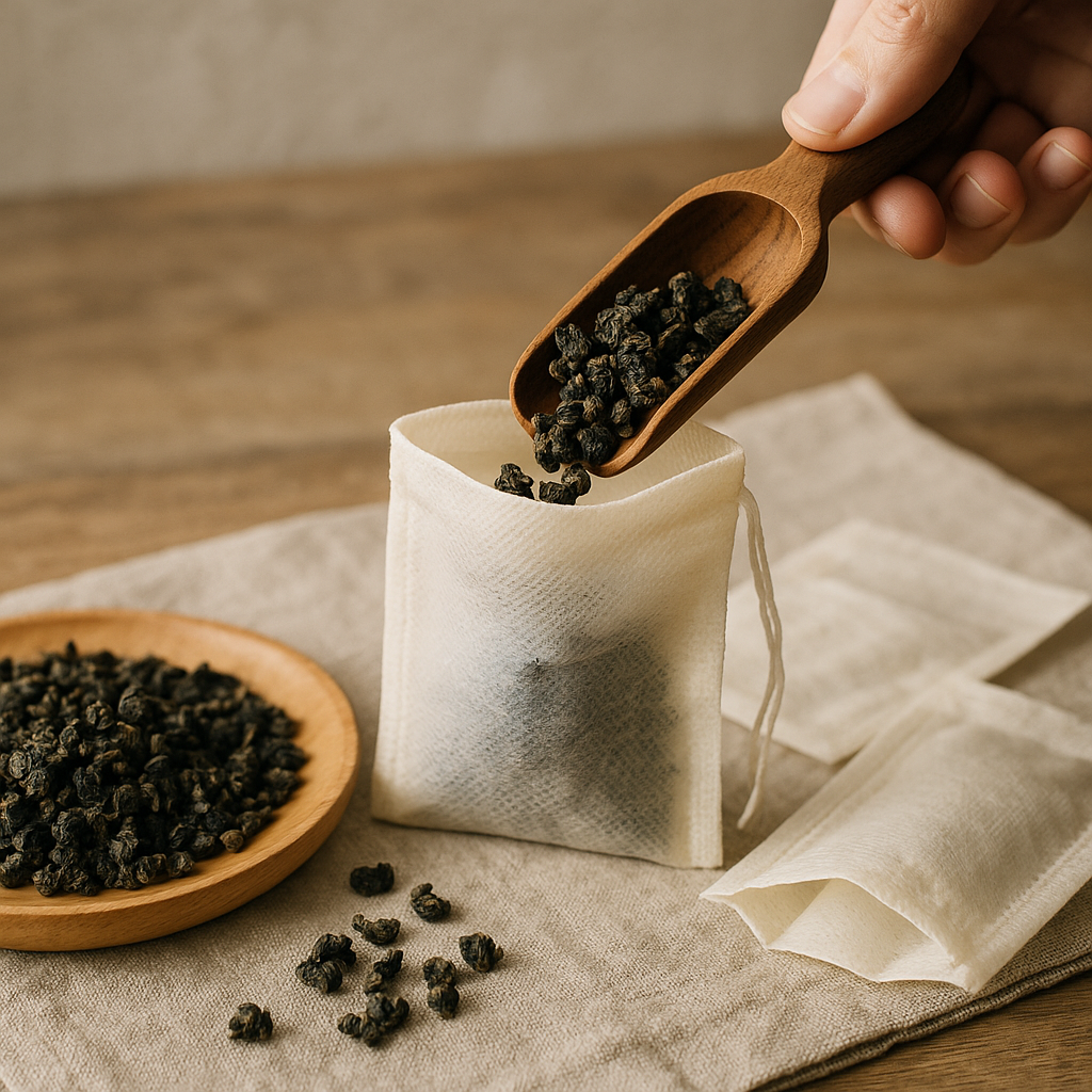 Hands filling brown eco-friendly tea filter bags with dark oolong tea leaves on a wooden table.