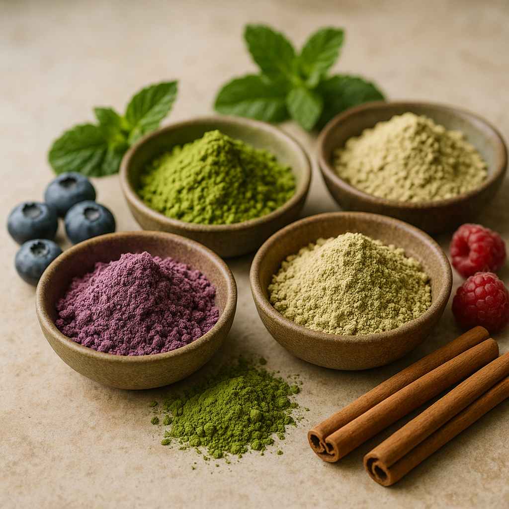 A flat lay of matcha green tea powders in various flavors arranged with ingredients like berries and spices on a wooden surface.