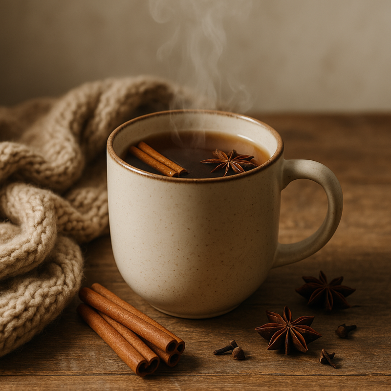 A steaming mug of spicy tea sits on a wooden table in a cosy winter scene with soft natural lighting.