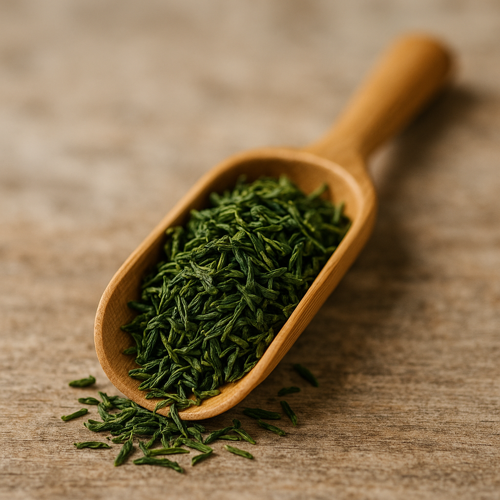 Vibrant loose green tea leaves rest in a bamboo scoop on a wooden surface with soft natural lighting.