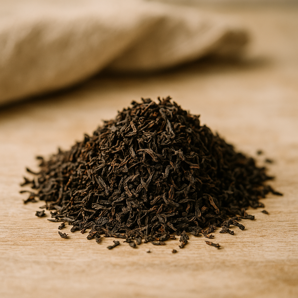 Loose leaf black tea in a wooden bowl with brewing accessories on a rustic table.