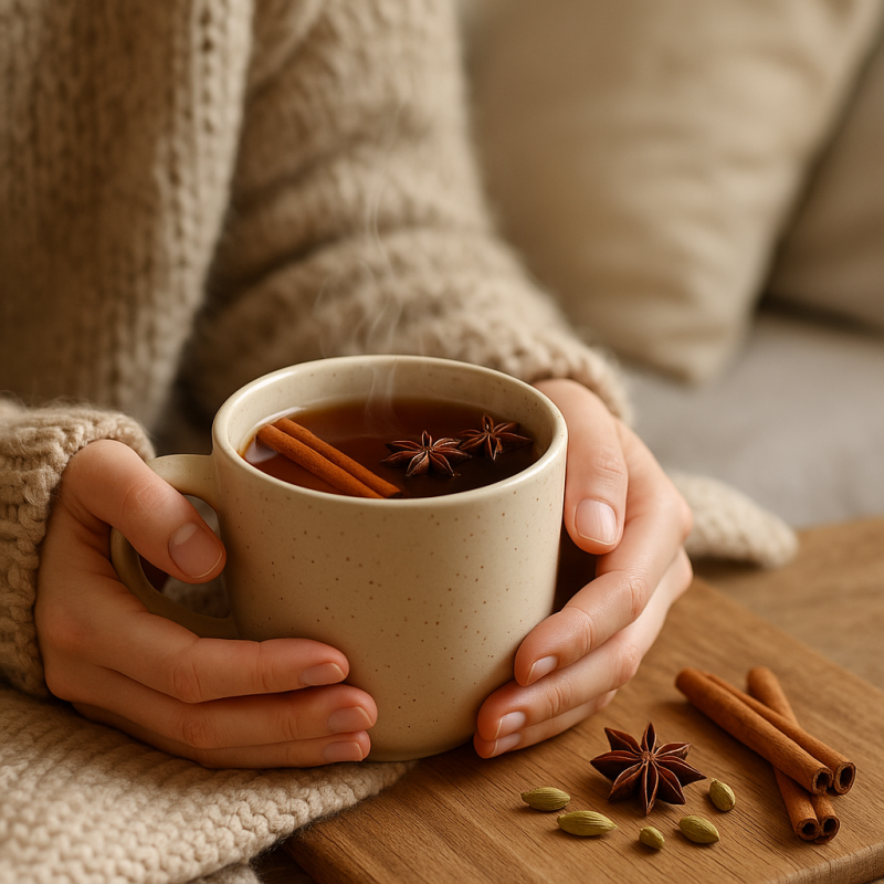 A person holding a steaming mug of spiced tea in a cozy indoor setting with soft natural lighting.
