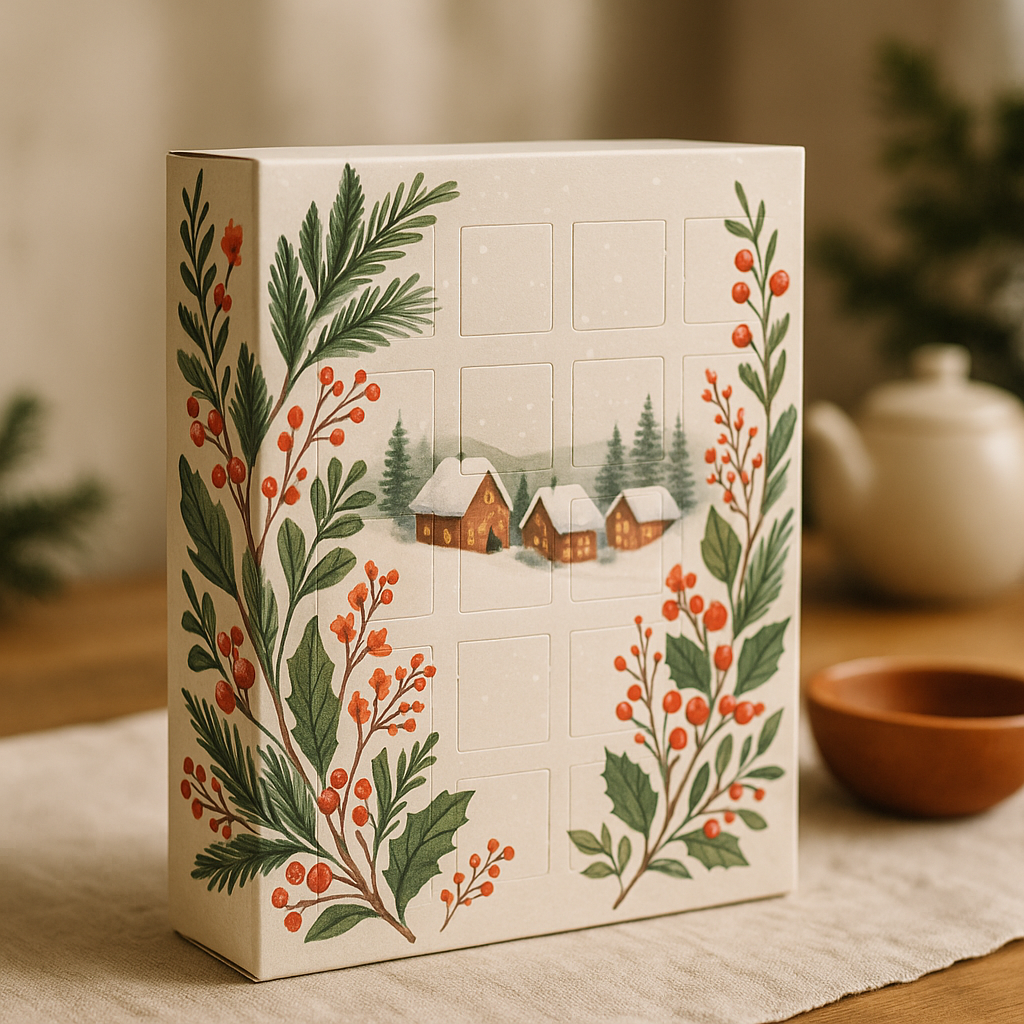 A beautifully designed tea advent calendar box with numbered doors sits on a wooden table surrounded by loose tea leaves.