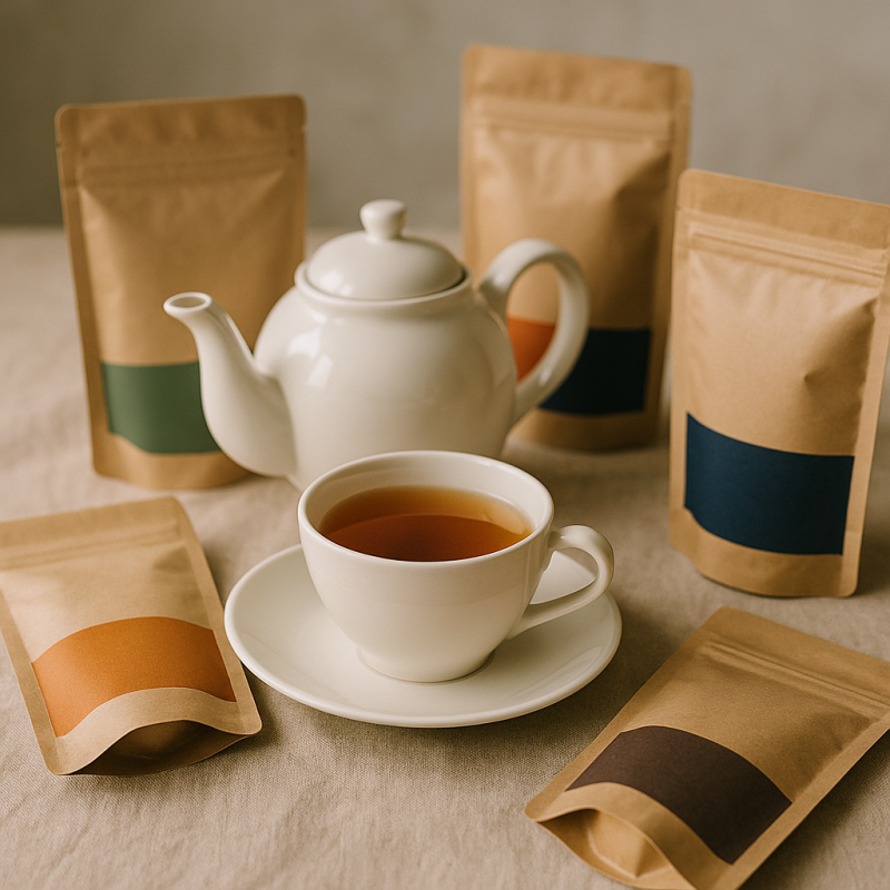 An elegant flat lay arrangement of ceramic teaware and packaged teas from multiple brands on a wooden surface.