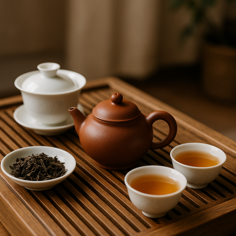 A Gongfu brewing setup with authentic china tea arranged on a wooden table in soft natural light.
