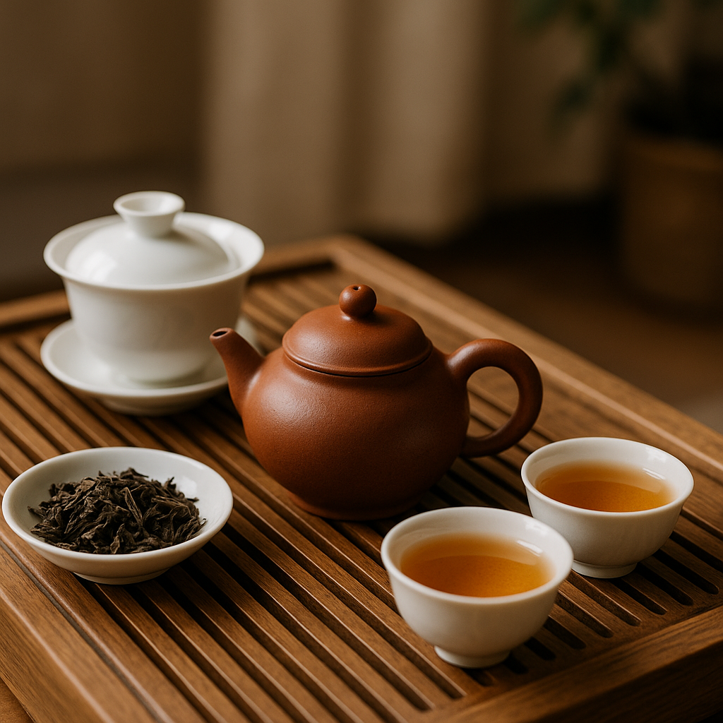 A Gongfu brewing setup with authentic china tea arranged on a wooden table in soft natural light.