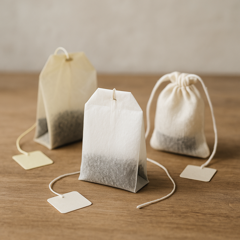 An assortment of loose tea filter bags made from paper, corn fiber, and cotton arranged on a wooden surface with soft lighting.