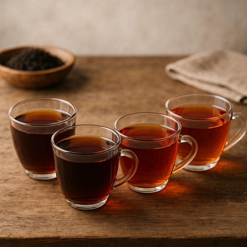 A flight of black tea varieties in glass cups displays different liquor colors from amber to deep brown.