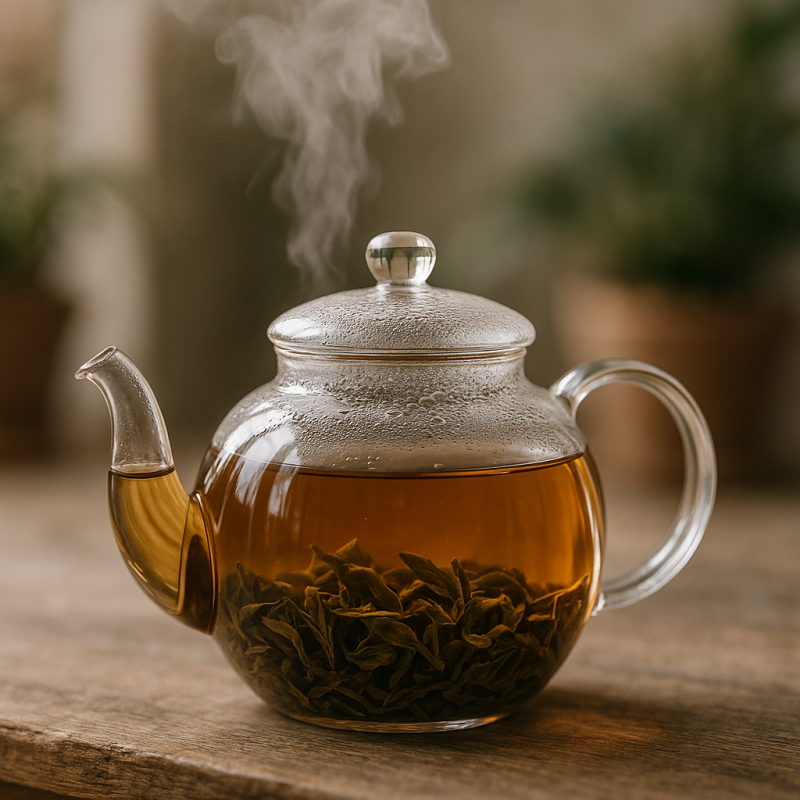 A steaming glass teapot filled with brewed organic loose tea and unfurled leaves on a wooden table.