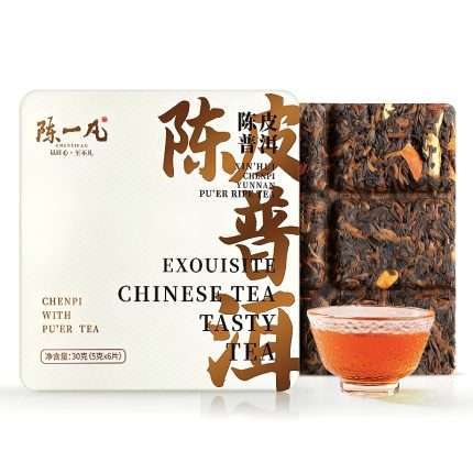 Premium Chenpi Pu-erh tea combining 17-year aged Menghai ripe Pu-erh with shredded tangerine peel.