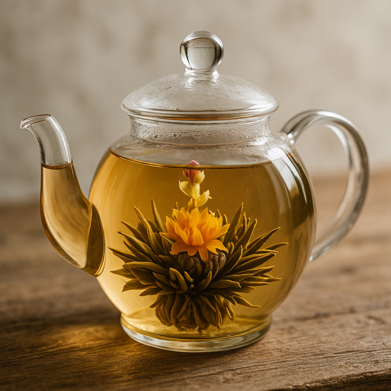 A hand-tied flowering tea ball unfurls in a clear glass teapot with soft natural lighting.
