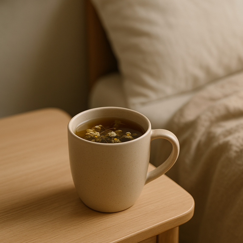 A cozy ceramic mug of herbal sleep tea sits on a wooden bedside table with a soft-focus background.