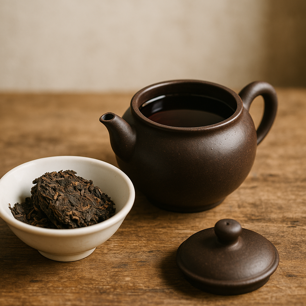Aged chá pu erh tea leaves in a traditional ceramic teapot and cup on a wooden table.