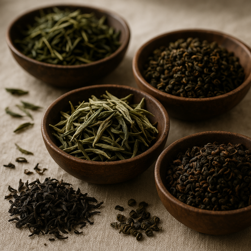 Assortment of loose leaf tea types including green, black, and oolong varieties displayed in wooden bowls on a rustic table.