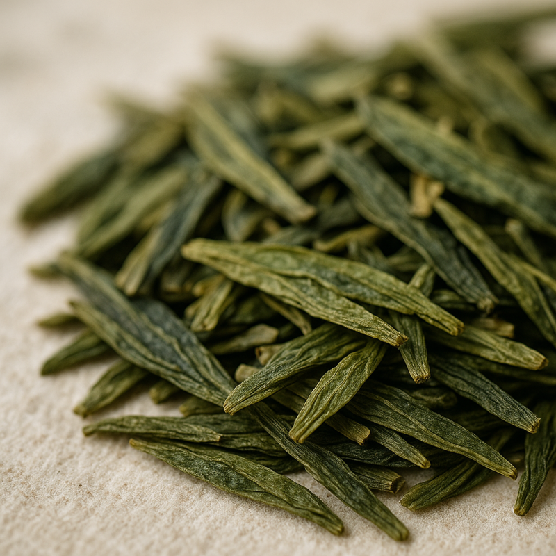 Close-up macro photograph of organic Dragon Well green tea leaves with flat shape and natural texture.