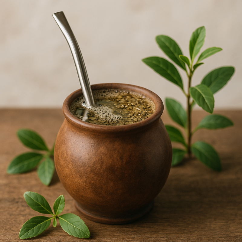 A ceramic gourd filled with brewed yerba mate tea, garnished with fresh green mate plant sprigs on a rustic wooden table.