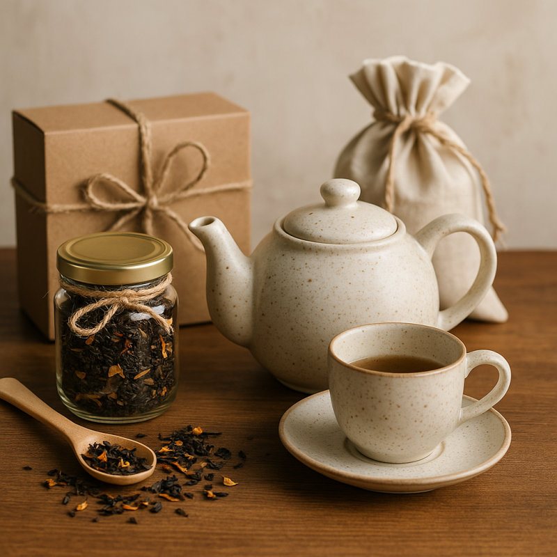 A selection of artisanal teaware and loose leaf tea arranged as gift ideas for tea enthusiasts on a wooden surface.