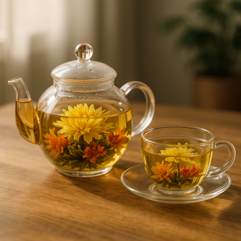 An elegant glass tea set with blooming flowers inside sits on a wooden table in natural light.