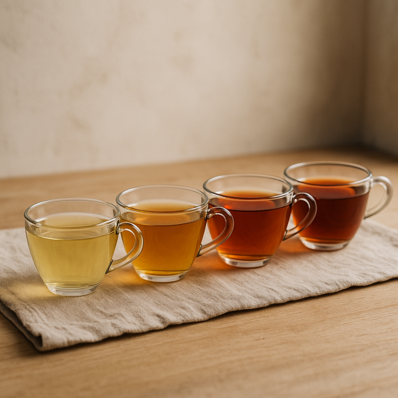 Side-by-side comparison of brewed tea infusions in clear glass cups on a wooden table with natural lighting.