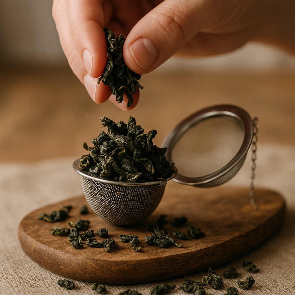 A hand overfills a tea ball with large leaf oolong tea in a natural kitchen setting.