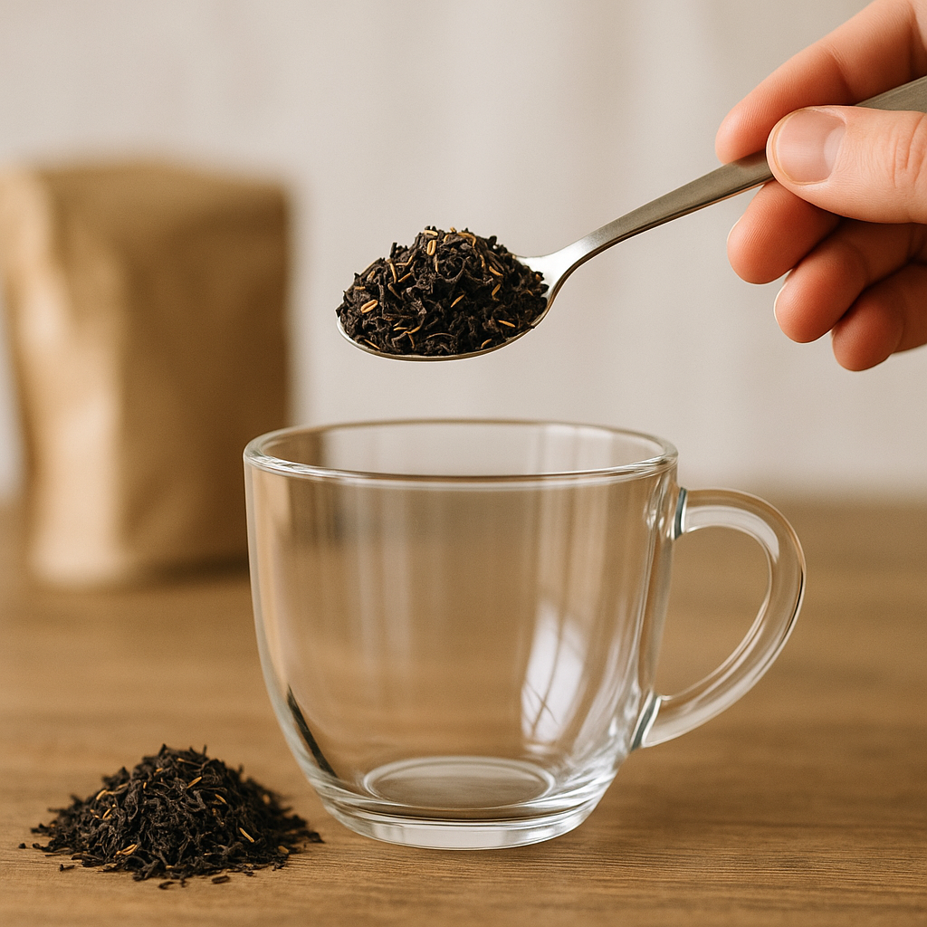A teaspoon measuring loose leaf tea for a glass cup, showing the correct amount per serving.