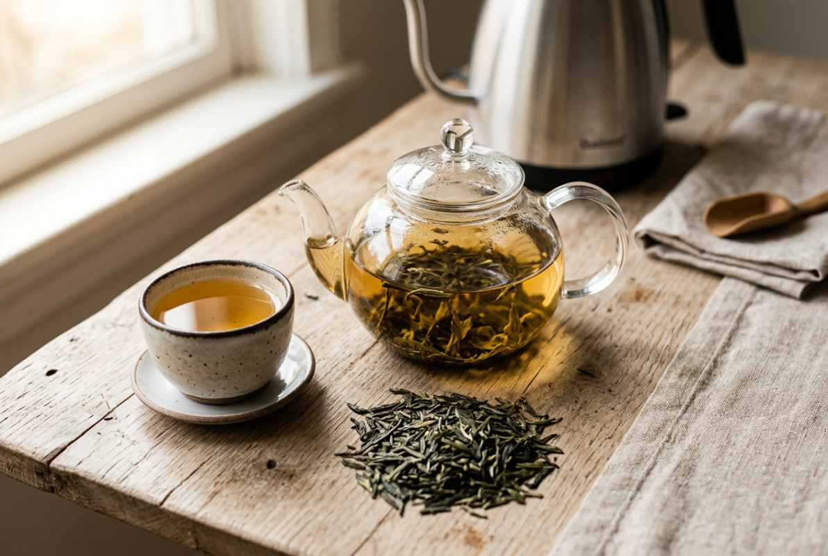 Loose leaf tea brewing setup with glass teapot, amber tea in ceramic cup, and scattered dry tea leaves on wood